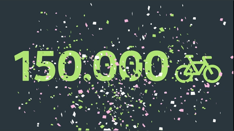 grüner Schriftzug 150.000 Fahrräder mit Konfetti