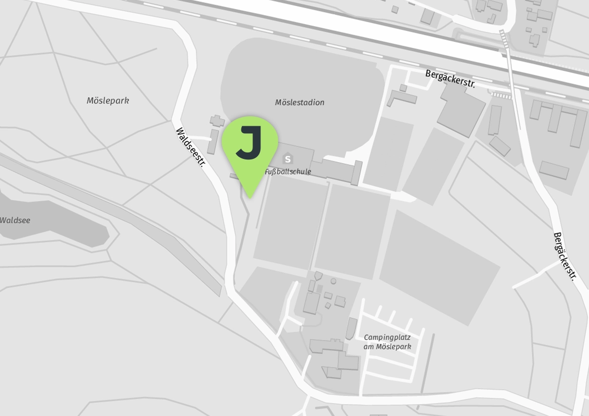 Karte mit Kennzeichnung JobRad Tool-Tower am Möslestadion Karte mit Kennzeichnung JobRad Tool-Tower am Möslestadion