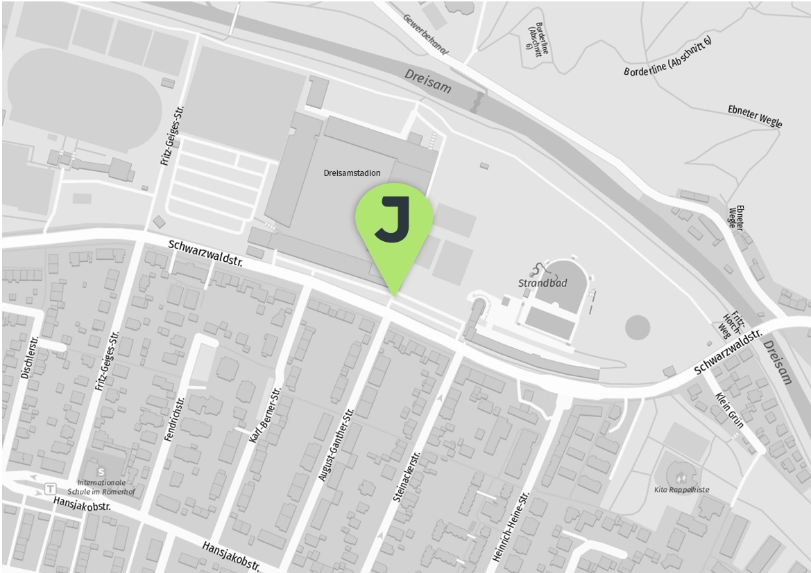 Karte mit Kennzeichnung JobRad Tool-Tower am Dreisamstadion Karte mit Kennzeichnung JobRad Tool-Tower am Dreisamstadion
